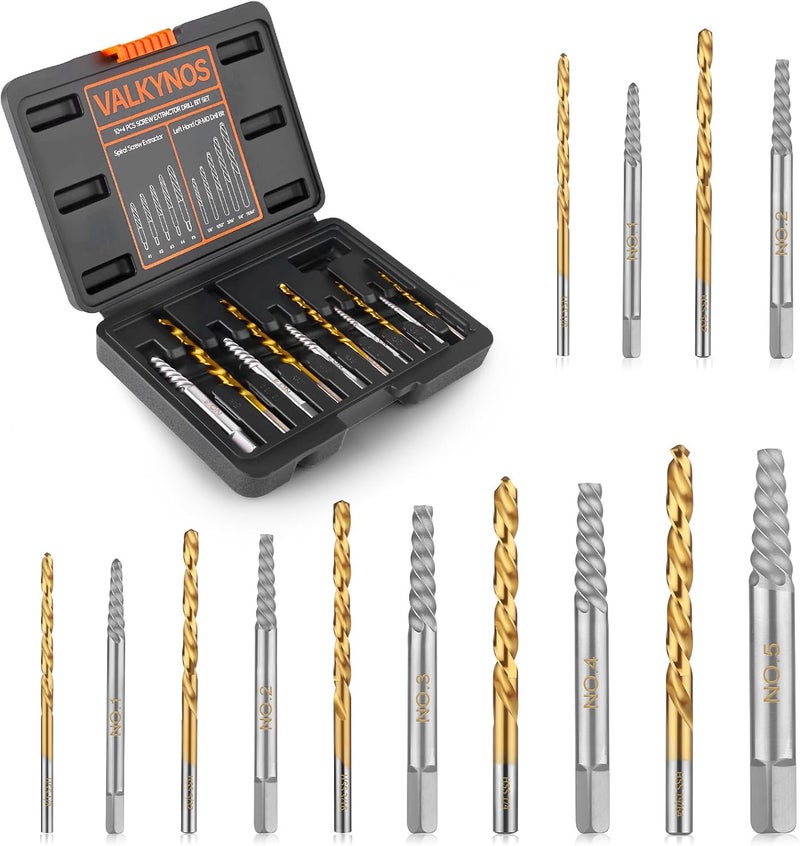 VALKYNOS 14 PCS Screw & Bolt Extractor Set – 35# Cr-Mo & HSS Steel Easy Out Kit with Left Hand Drill Bits for Removing Broken Bolts, Stripped Screws & Damaged Fasteners with Storage Case - Image 1